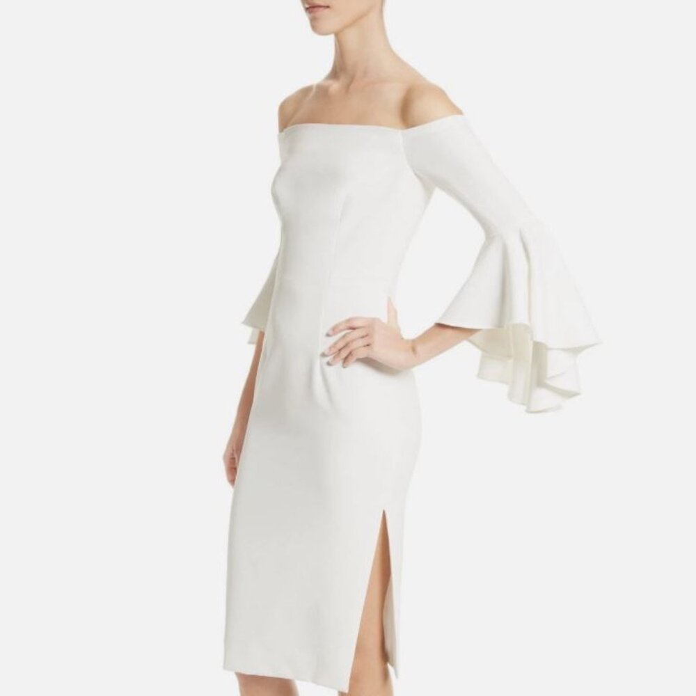 Milly || White Off Shoulder Selena Bardot Ruffle Bell Sleeve Midi Dress
